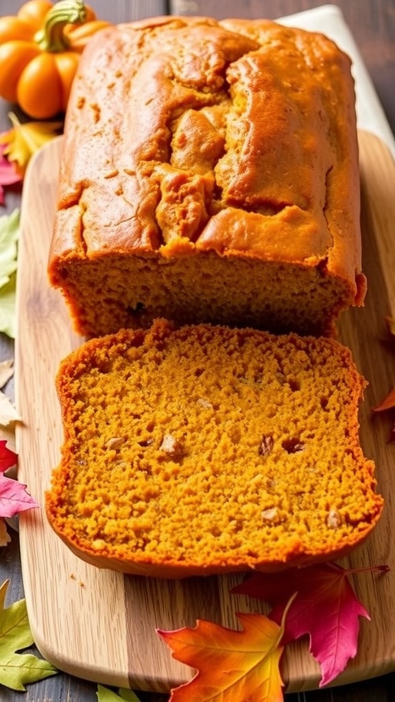 A sliced pumpkin loaf on a cutting board with autumn leaves and a decorative pumpkin.